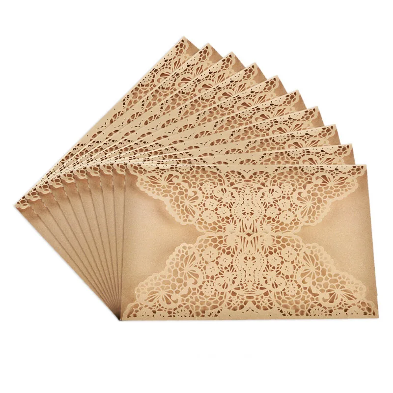 50pcs/lot Vintage Flower Pattern Laser Cut Lace Wedding Invitations Party Invitation Cards Packing Send Seal Envelopes Wholesale - Цвет: Коричневый