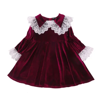

Baby Girls Dress For Autumn Winter Children Long Sleeve Velvet Lace lapel Kids Princess Dress For Christmas Near Year Wine Red