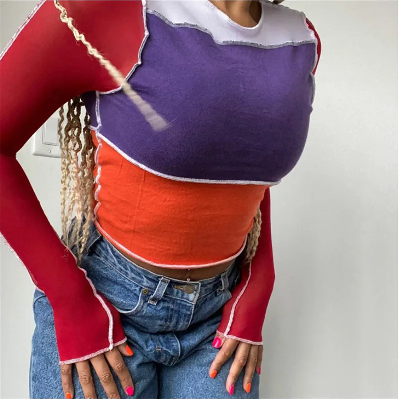 

Women Spring Autumn Long Sleeve Patchwork T-shirt 2020 Fashion Ladies Casual Street Club Top