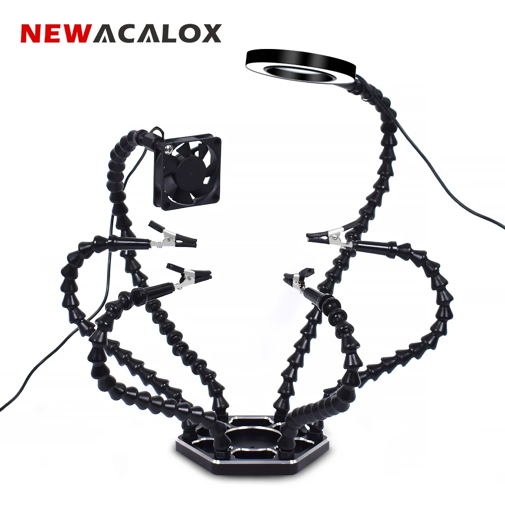 NEWACALOX Third Hand Soldering PCB Holder Tool Helping Hands Crafts Hobby Welding Station USB DC Cooling Fans 6pc Flexible Arms
