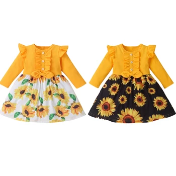 

ZWY359 Autumn Kids Girls Sunflowers Dress Outfits 2-8Years Long Sleeve Print Bowknot Knee Length A-Line Dress