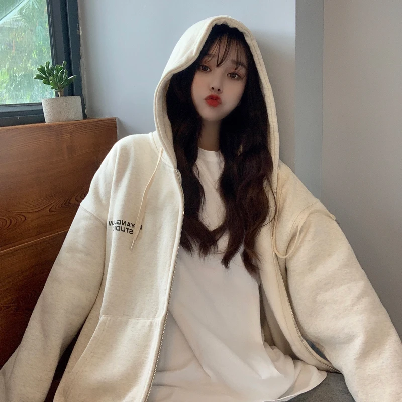 

Winter Fashion Warm Hooded Outwear Hoodies Women Casual Long Sleeve Zip-up Sweatshirts Loose Ladies Streetwear Tops Female