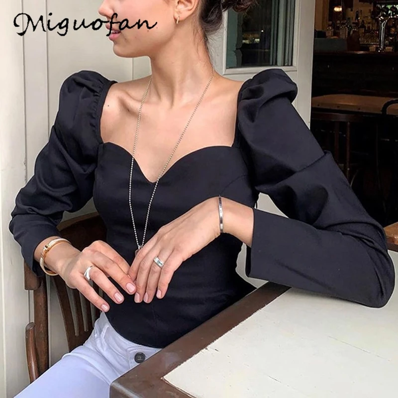 Miguofan женская блузка рубашки одноцветная пышная с длинным рукавом сексуальная v