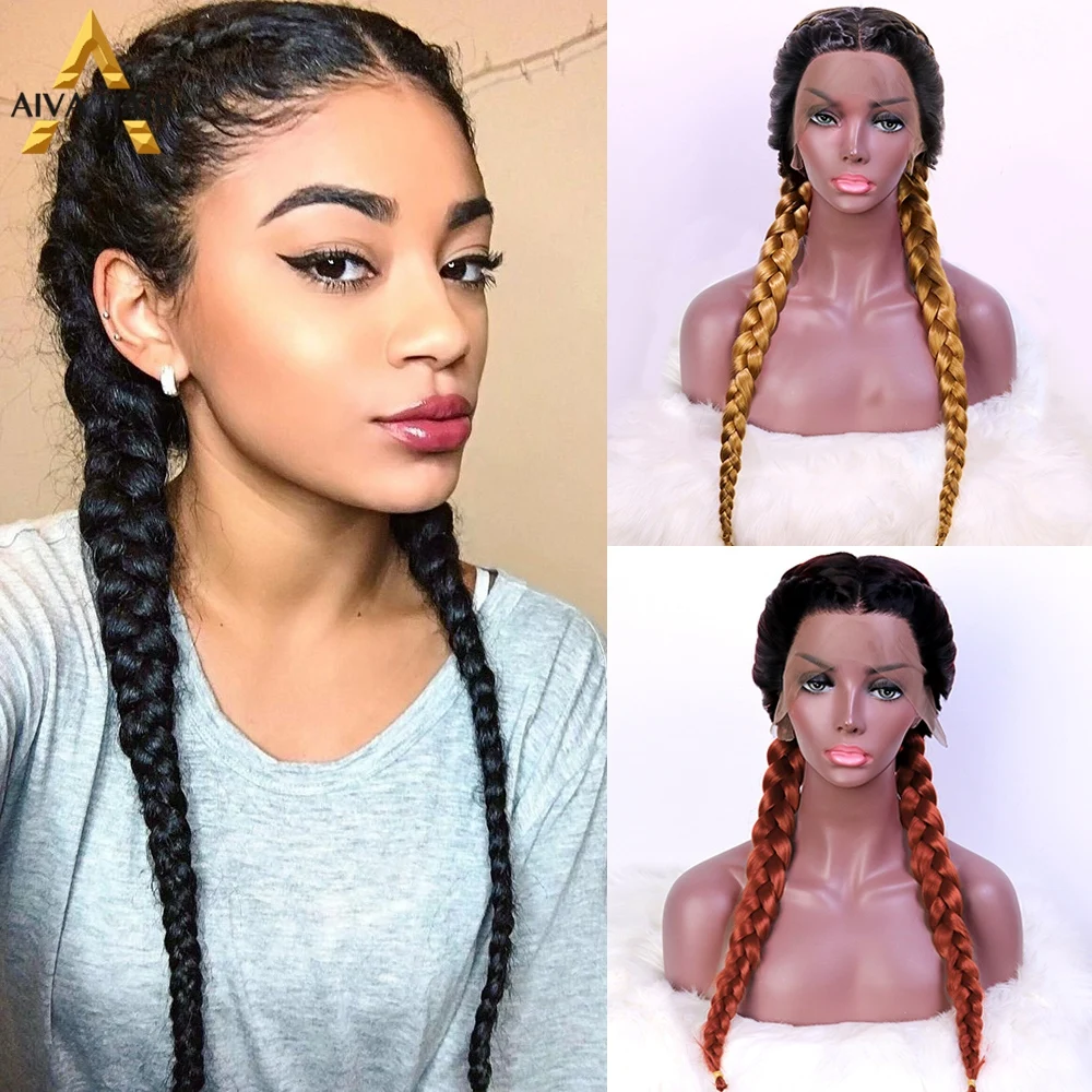 Aiva sintéticas resistentes al calor peluca con malla frontal negro peluca trenzada en caja con el pelo del bebé rubio miel trenzado peluca con malla frontal s para las mujeres