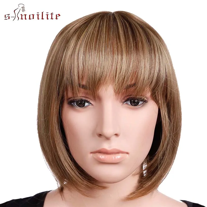 

S-noilite 12.5'' Short Bob Wigs With Bangs Straight Synthetic Wigs For Women Short Wigs Middle Part Cosplay Wigs Red Brown