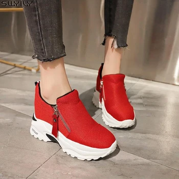 

SWYIVY Canvas Shos Woman Sneakers High Heel Zip Chunky Sneakers Women New 2020 Summer Wedges Shoes For Women Solid Ladies Shoe