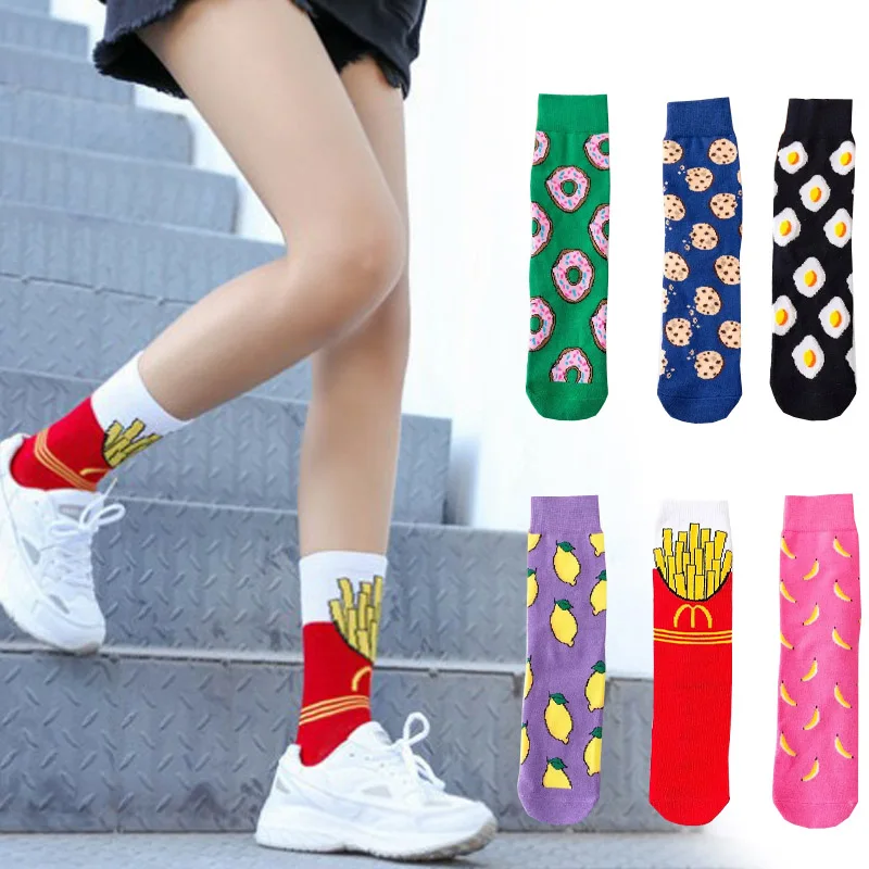 

Harajuku Funny Women Socks Donuts Food Hamburg Fruits Banana Egg Cookie Cute Women Milk Creative Life Hip Hop Cotton Socks