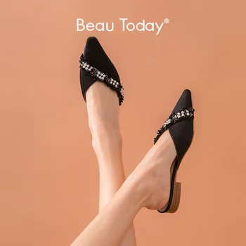 

BeauToday Pearl Mules Women Soft Satin Cloth Pointed Toe Outdoor Summer Slippers Ladies Flats Shoes Handmade 36086