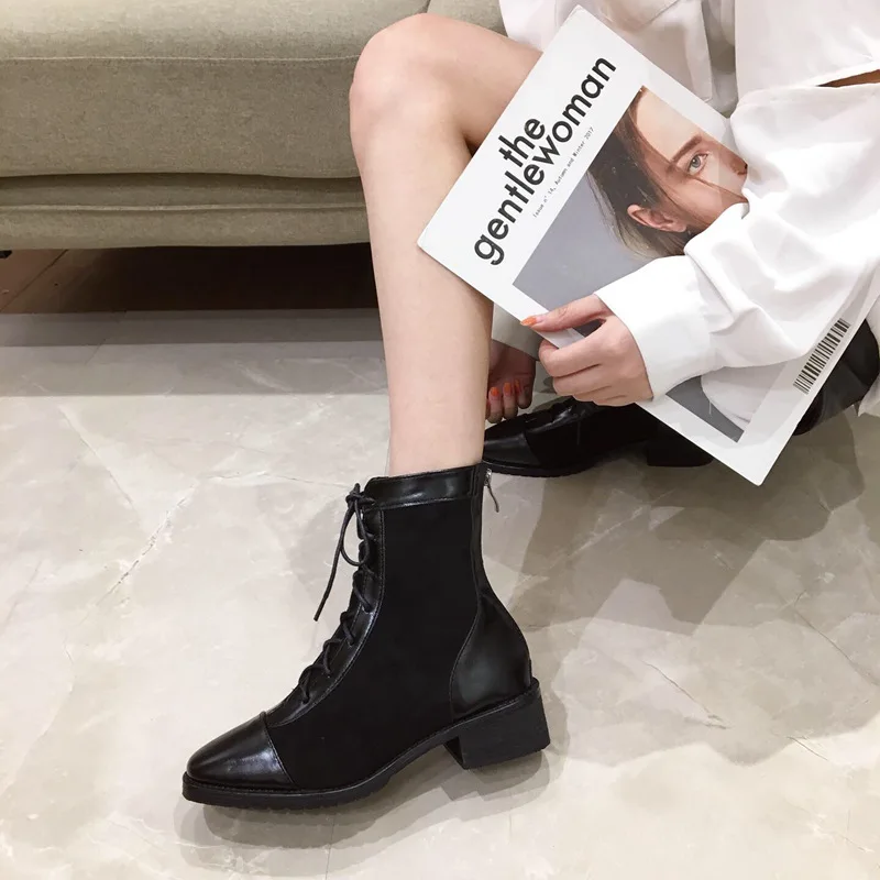 

Boots Women's 2019 New Style Autumn WOMEN'S Shoes Martin Boots Chunky Heel Bandage Cloth Zipper Women's Boots Korean-style Leath
