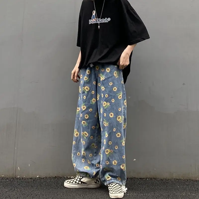 

Korean Straight Jeans Men's Fashion Retro Casual Flower Jeans Men Streetwear Loose Hip-hop Drawstring Denim Trousers Mens M-XL