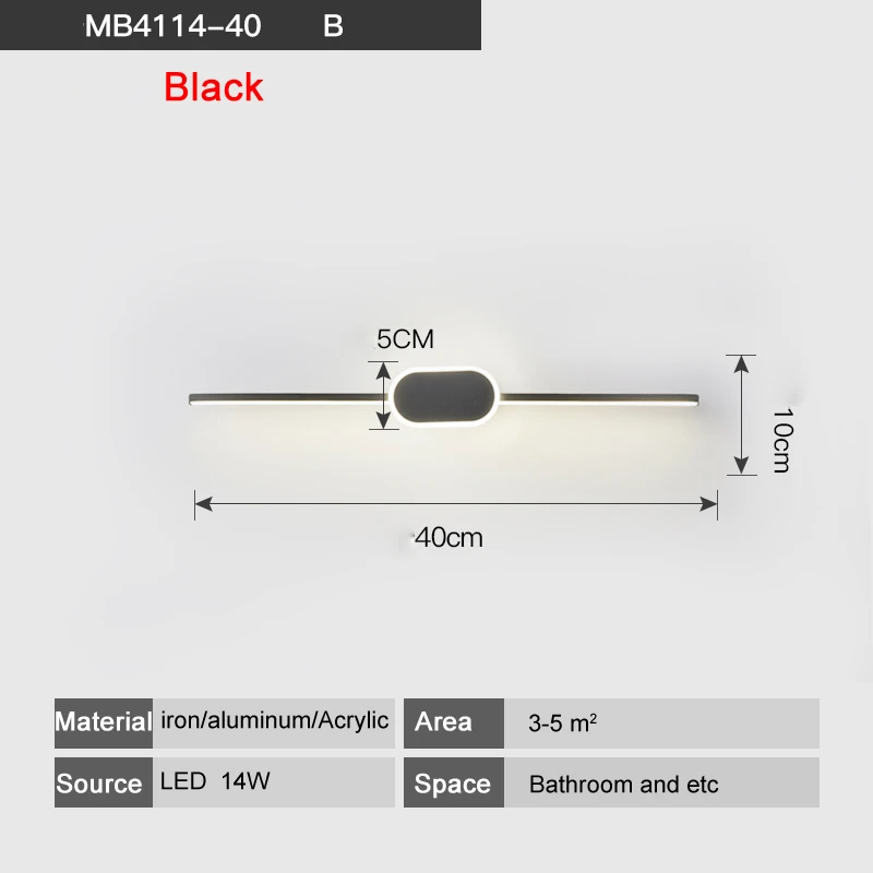 Светодиодные Настенные светильники для ванной комнаты, гостиной, белого и черного цвета, железная алюминиевая акриловая основа, внутреннее зеркальное освещение, освещение, светильник wandlamp - Цвет абажура: CY120B Black 40x5cm