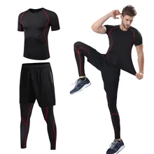 Мужской компрессионный спортивный комплект 3 шт с компрессионной футболкой свободные облегающие шорты обтягивающие леггинсы брюки для бега велоспорта