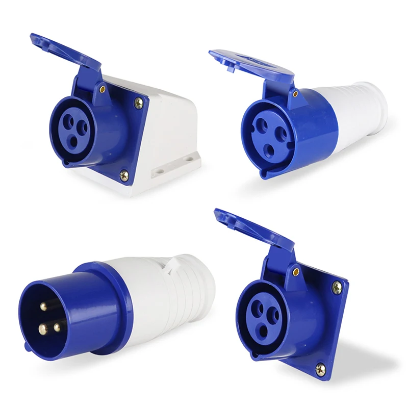 

Blue 3 Pin 240V 32AMP Industrial IP44 Weatherproof Plug & Sockets Connectors Male/Female Electricity Plug Sockets