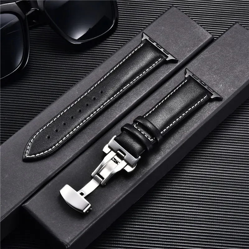 รูปสินค้า สายรัดข้อมือหนังแท้ สำหรับ Apple Watch 8/7/6/5/4/3/SE ผีเสื้อ Clasp