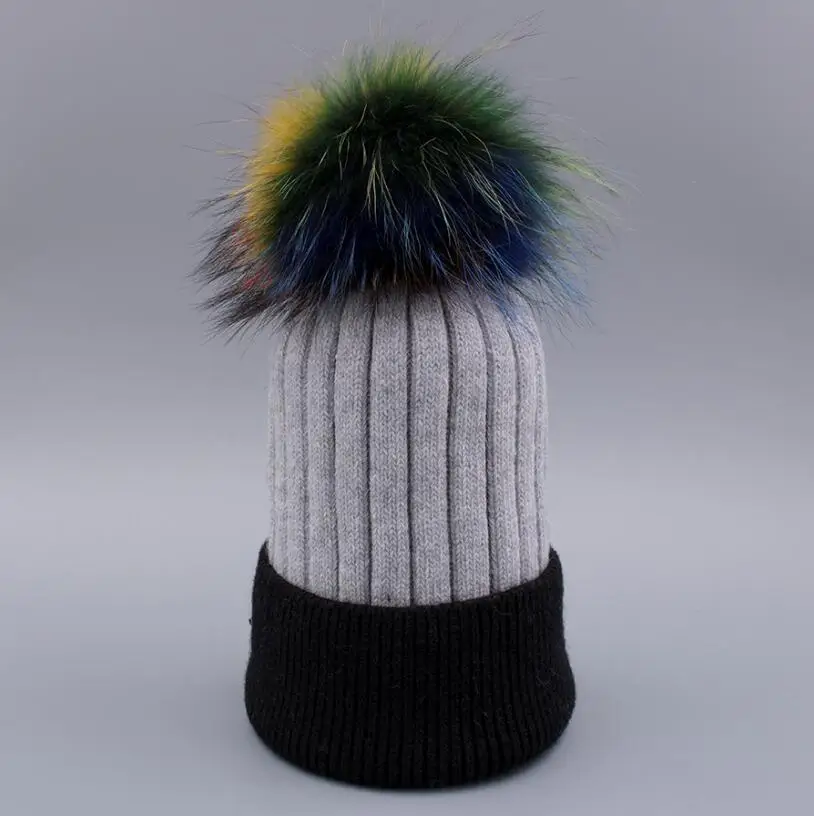 black grey mucolor YC Fur, зимние шапки, шапка s для женщин, двойные цвета, вязаные шерстяные шапочки, Skullies, с меховым помпоном большого размера, женская шапка - Цвет: black grey mucolor