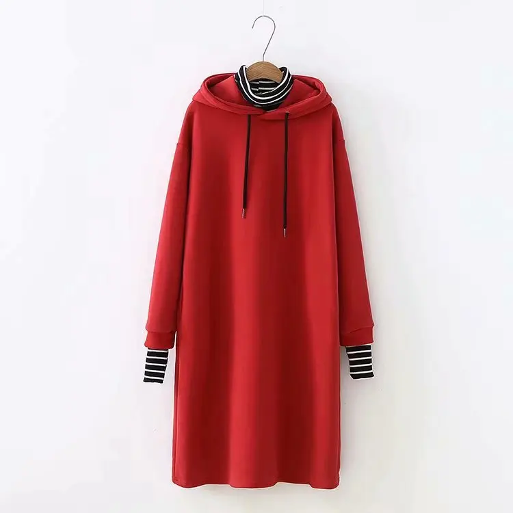

2018 Fashion New Style High Collar with Stripes Mock Two-Piece plus Velvet Hoodie Dress Women's A2079