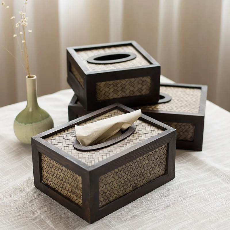 Креативная прочная деревянная гостиная коробка ткани бамбуковый Плетеный лоток Ретро бумажная насосная коробка ротанга деревянный лоток для салфеток WF7261145
