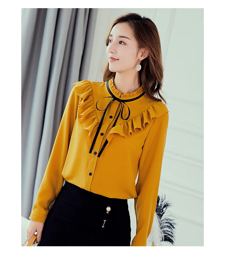 Spring Autumn 2019 Women White Shirt Long Sleeve Shirts Korean Ruffles Women Streetwear Slim Chiffon Blouse Elegant Ladies Tops silk blouses