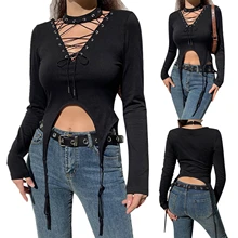 

Women's Long Sleeve T-Shirt, Solid Color V Neck Tie Up U-Hem Street Style Tee Shirt, Casual Simple Tops
