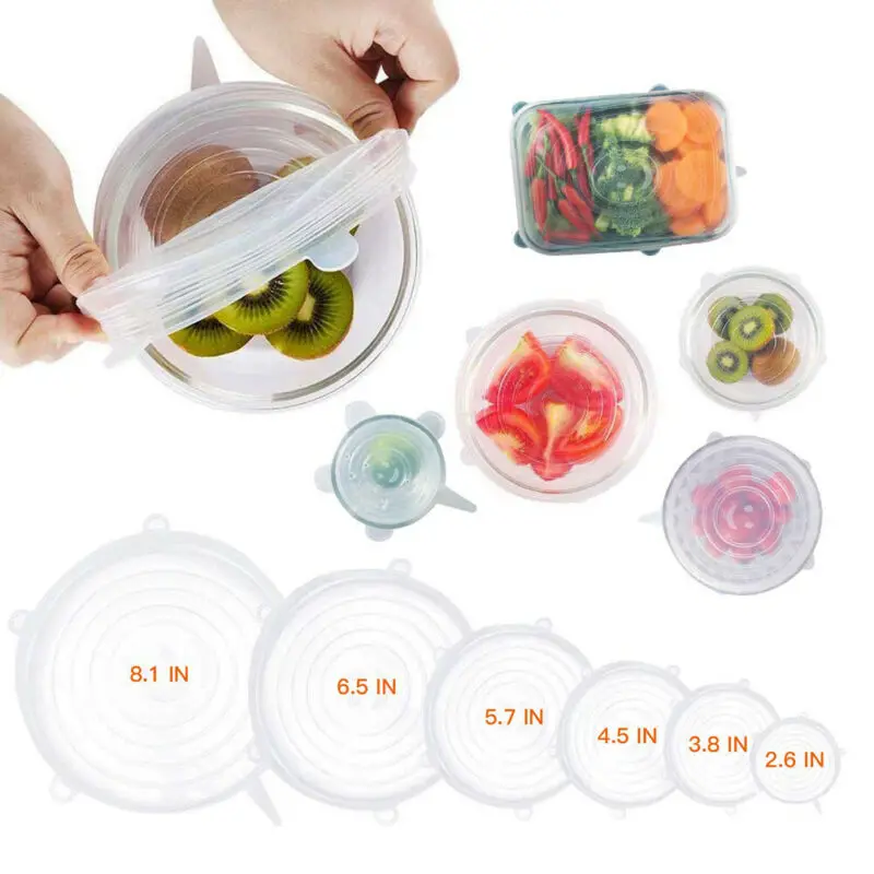 6 Pcs Silicone Stretch Lids Reusable Airtight Food Wrap Covers Keeping Fresh Seal Bowl Stretchy Cover Kitchen Cookware | Дом и сад