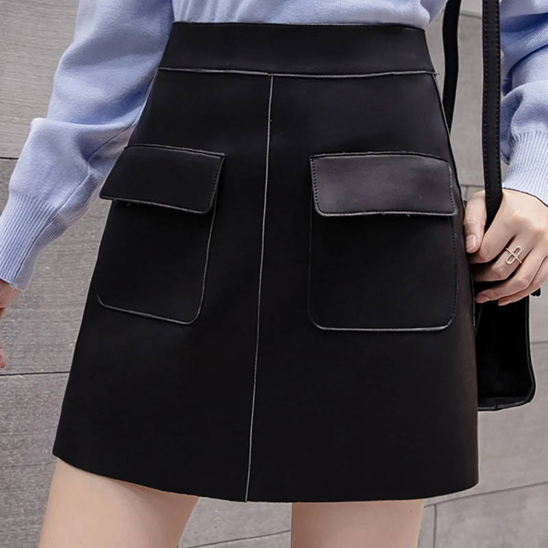 

MIIRCEOR Spring Casual A-Line PU Leather Mini Skirts Soft Wrap Skirt Women Fashion Pockets Decoration Leather Skirts