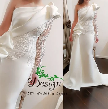 

White Excellent One-Sleeve Asymmentric Illusion Custom-Made Wedding Gowns Full-Length Court Train Appliques Vestido Noiva