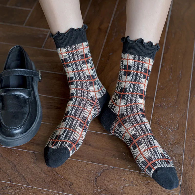 Осень и зима хлопок Южная Корея женские носки без пятки Японский ретро Mori деревянные уха квадратные решетки милые носки