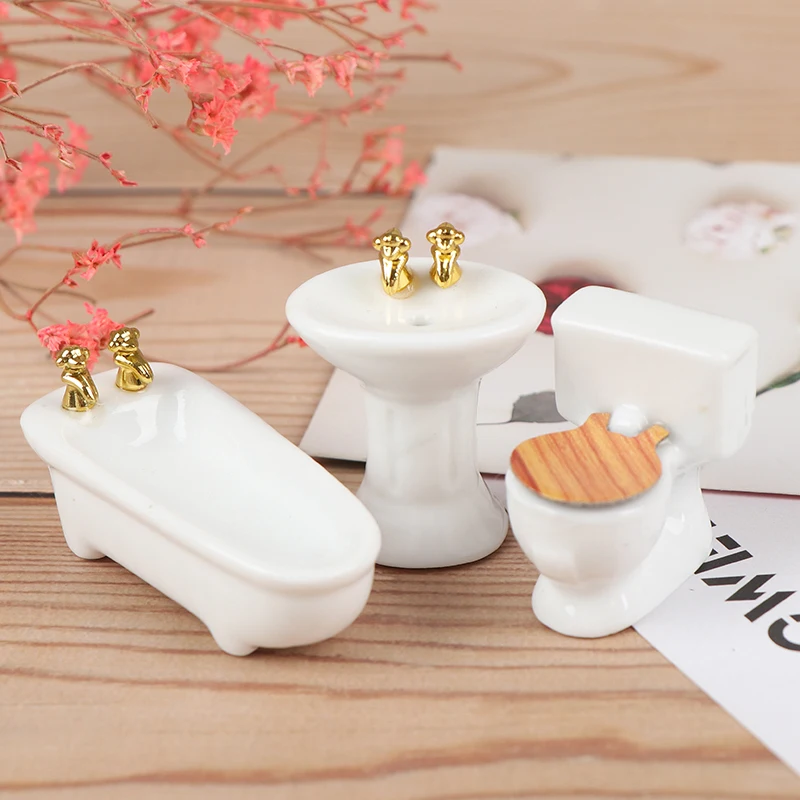 1Set(3pcs) 1/24 Dollhouse Miniature Bathroom Set Ceramic Bathtub Toilet for Dolls House Furniture Play Toy 3Styles