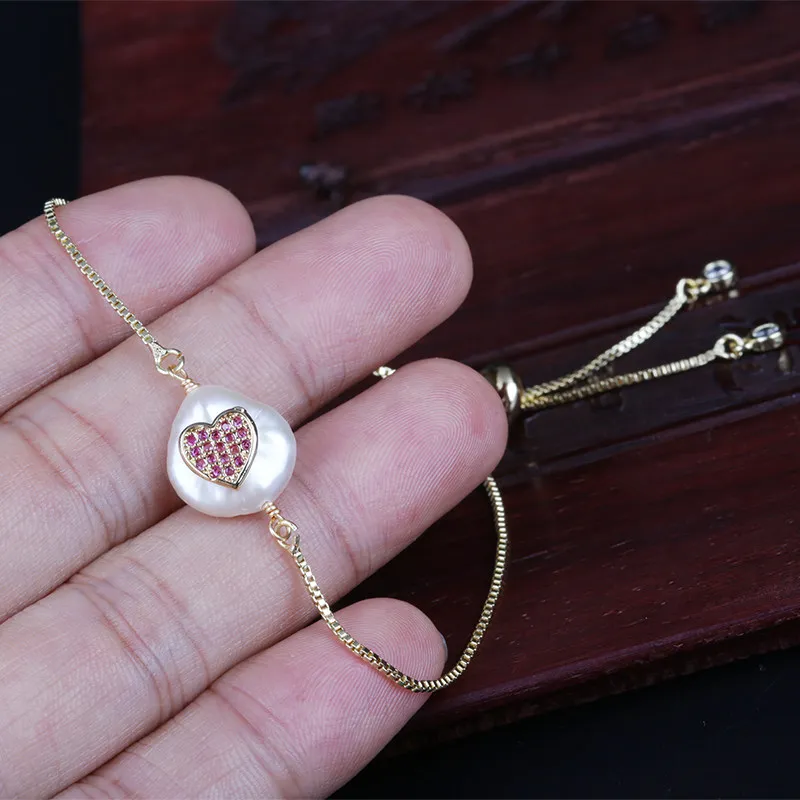 Красное вино фуксия cz хрустальные крошечные Шарм с сердцем пресноводные жемчужные подвески изящные золотые звенья браслеты для женщин ювелирные изделия подарок