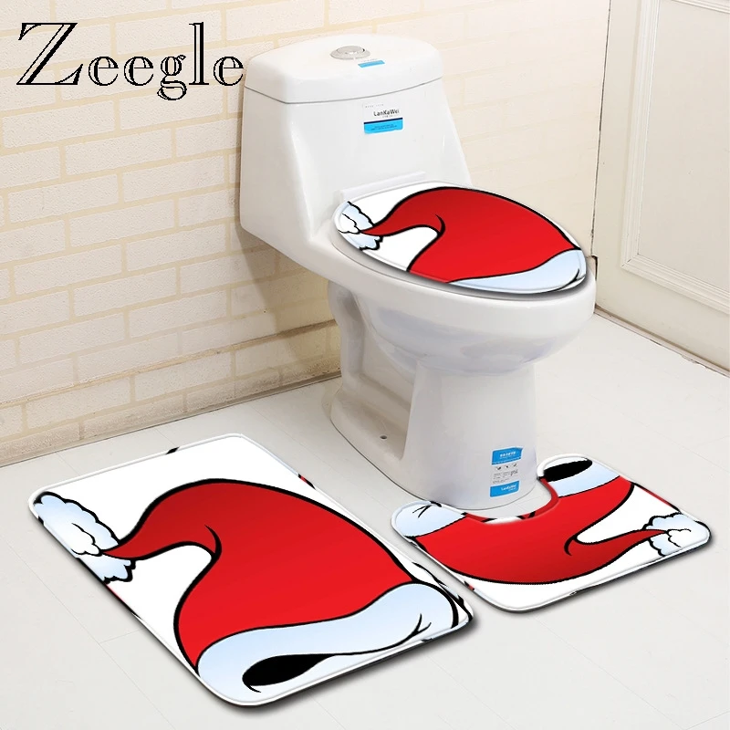 Zeegle Christmas Bathmat Set Modern Toliet Mat Set Lid Toilet Cover Flannel Cartoon Anti-slip Bathroom Mat Toilet Shower Mat