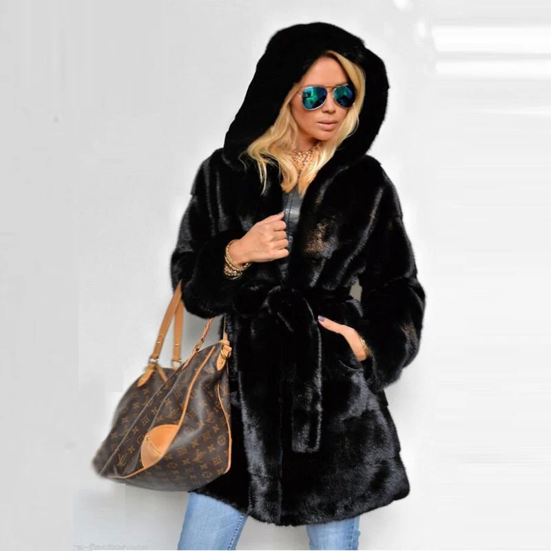 Роскошная натуральная норка, норковый мех, меховые куртки, пальто, куртка с капюшоном, тонкий пояс, зимняя натуральная женская меховая верхняя одежда размера плюс 7XL 8XL
