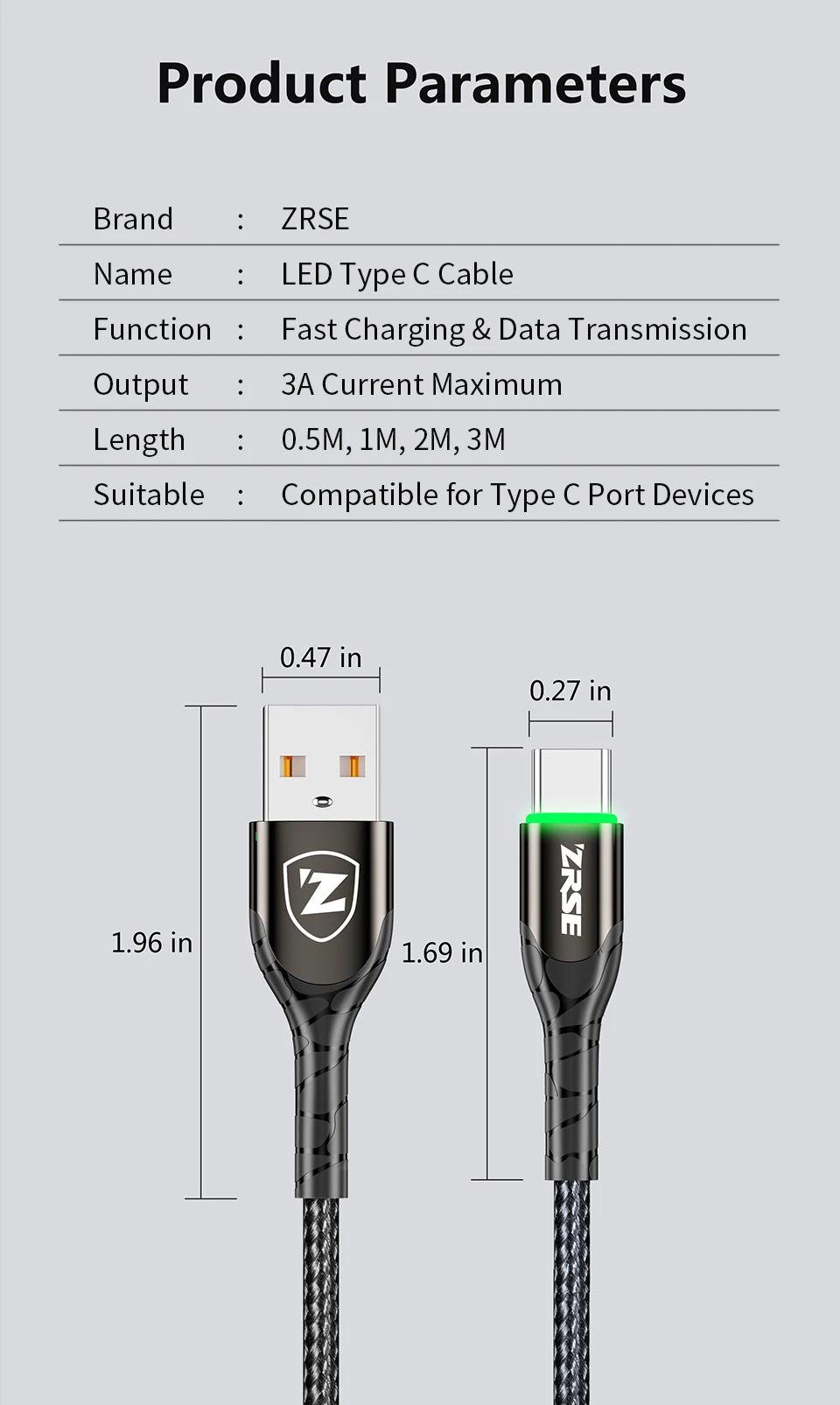 ZRSE светодиодный кабель usb type C 3M 2 м USB-C кабель передачи данных для быстрой зарядки телефона зарядное устройство Шнур для Xiaomi Redmi Note 8 7 huawei P30 Pro P20