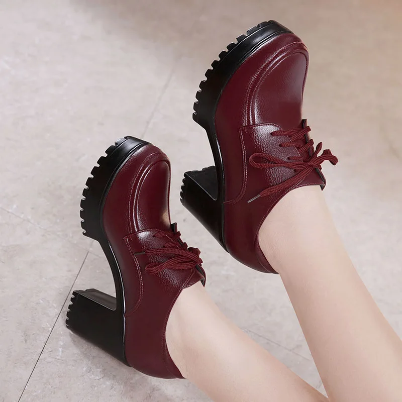 Plus Size 32-43 Block Heels Leather Shoes Deep Pumps Women Oxford Shoe 2022 Fall Winter High Heel Shoes with Fur  Platform Shoes