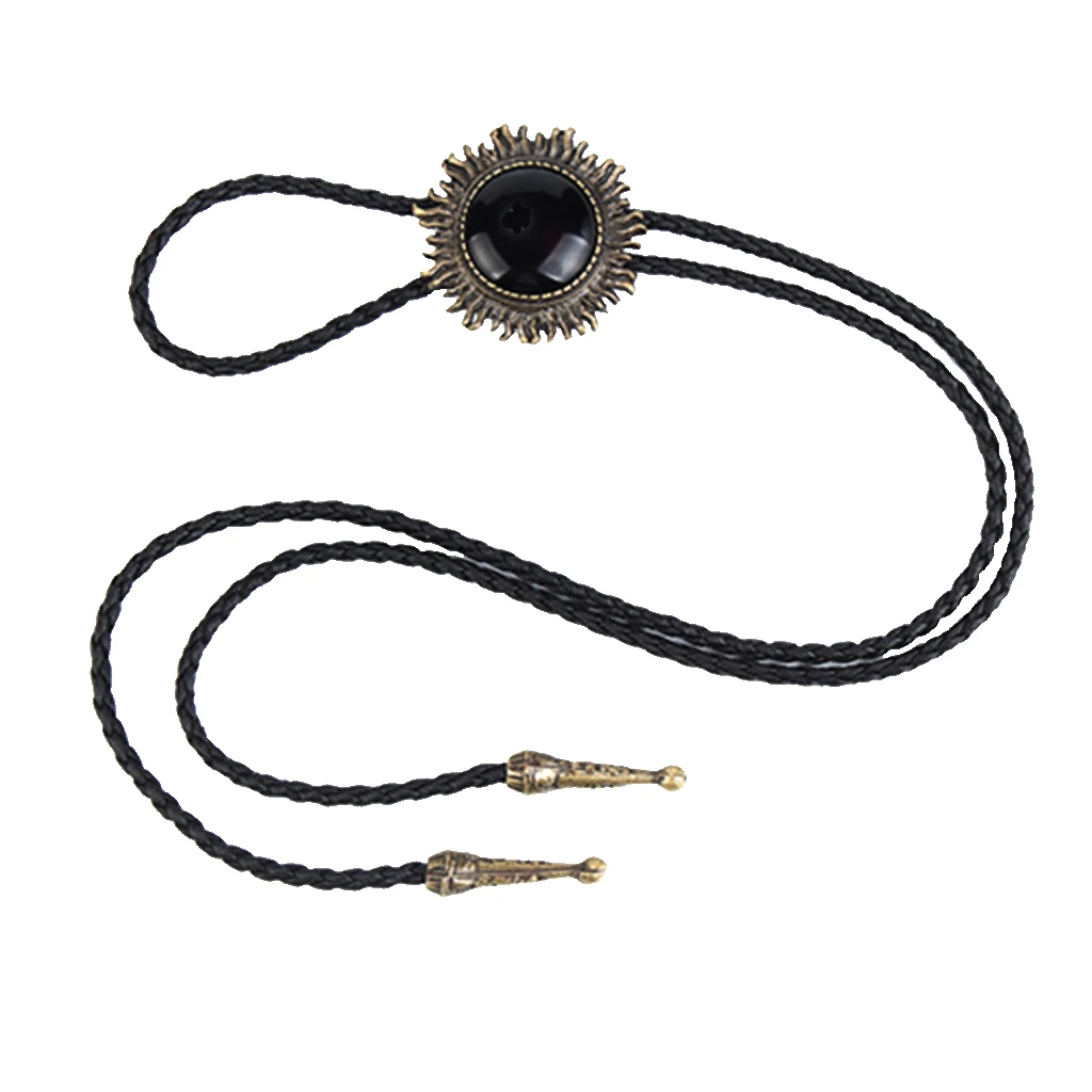Vintage Antique Bronze Sunflower Black Stone Western Cowboy Bolo Tie Necktie