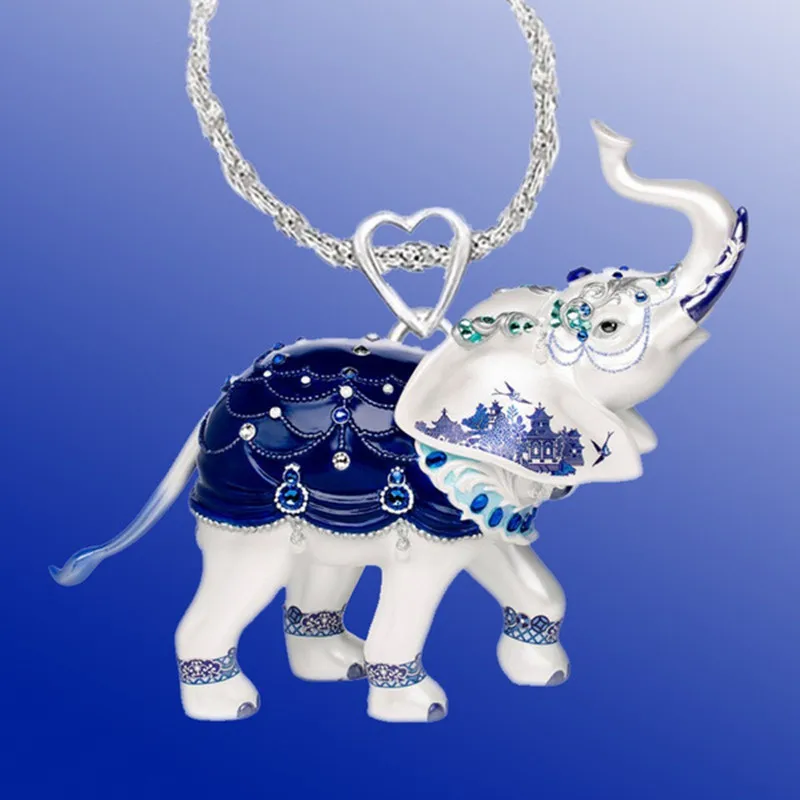 Новое поступление цепочка на шею винтажный синий и белый эмалированный слон