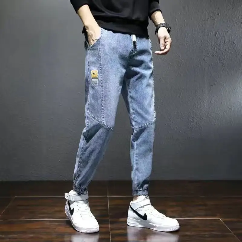 Pantalones vaqueros de retales para hombre, Jeans informales Harlan de Color sólido, holgados, de nueve puntos, para primavera y otoño, 2021