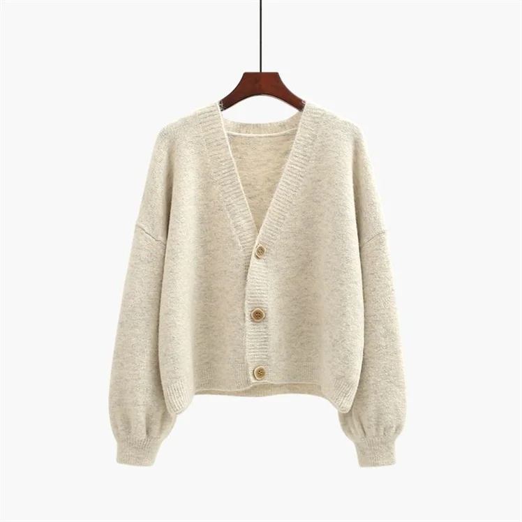 white Neploe Knitted Solid Women Sweater Summer New V-Neck Lantern Sleeve Tops Loose Single Breasted Female Sweater 45100 - Цвет: white