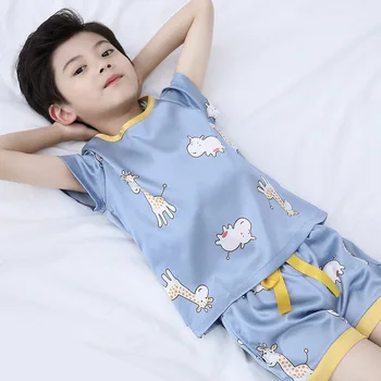 

Two Piece Set Boys Pajamas Suit Nightwear Blue Print Cartoon Summer New Sleep Set Silky Home Clothing Children Homewear