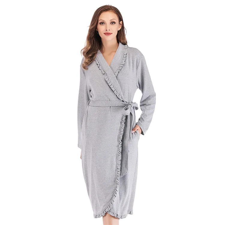 Design Women Sleepwear Elegant Kimono Robe Ladies Winter Autumn Casual Bathrobe Loose Ruffle Soild Bathroom Spa Robes For Women