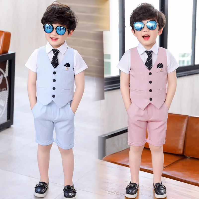 Summer Boys Formal Suits Vest Shorts Dress Children School Outfits Dresses Kids Clothes Sets Toddler Party Costume