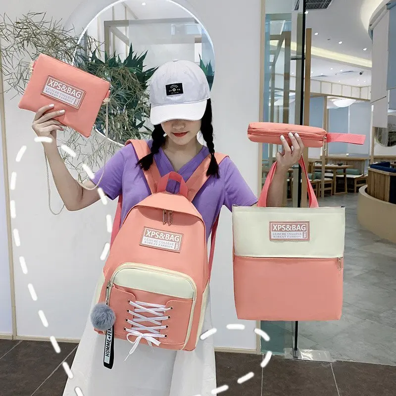 

Men's and women's four piece backpack Korean schoolbag Multi Pocket fashion schoolbag for primary and secondary school students