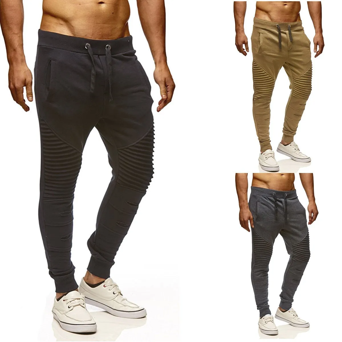 

2018 Models in Europe And America Men's Fitness Slim Fit Athletic Pants Striped Pleated Stitching Casual Pants