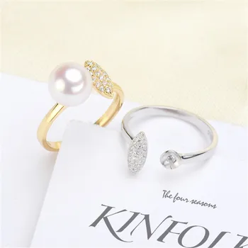 

Real 925 Sterling Silver Women Wedding Engagement Ring Adjustable Simple Round Pearl Ring Mounting