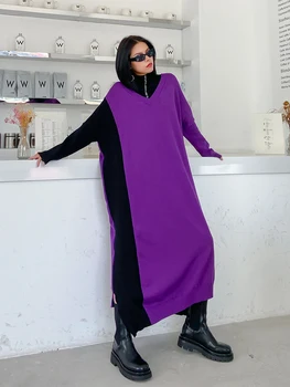 

SuperAen Autumn and Winter Long Knee Loose Slim Splicing Color V Neck Knitted Bottom Sweater Woman Dress