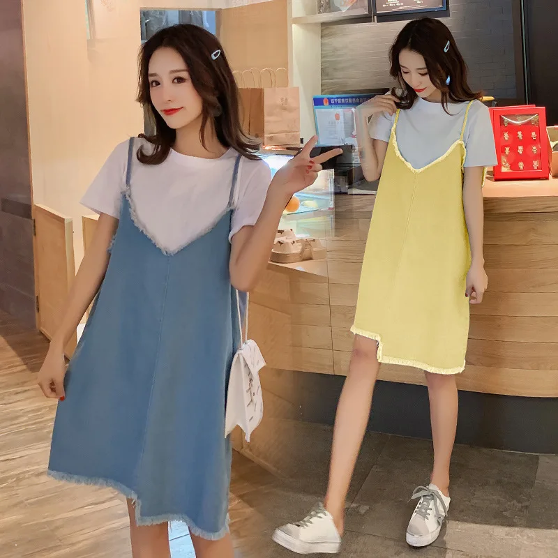 

2019 Summer New Style Korean-style Loose-Fit Denim Skirt + T-shirt Two-Piece Set Large Size Maternity Clothes