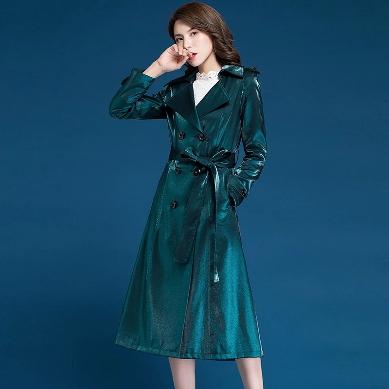 

Spring Fall 2019 New Double Breased Long Sleeve Epaulet Green Windbreaker Trench Coat for Women , Woman Overcoat 3xl Clothes