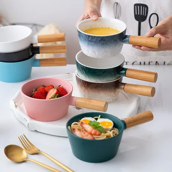 

Nordic ceramic bowl with wooden handle soup rice Japanese instant noodle bowl tableware fruit salad pasta bowls 420ml