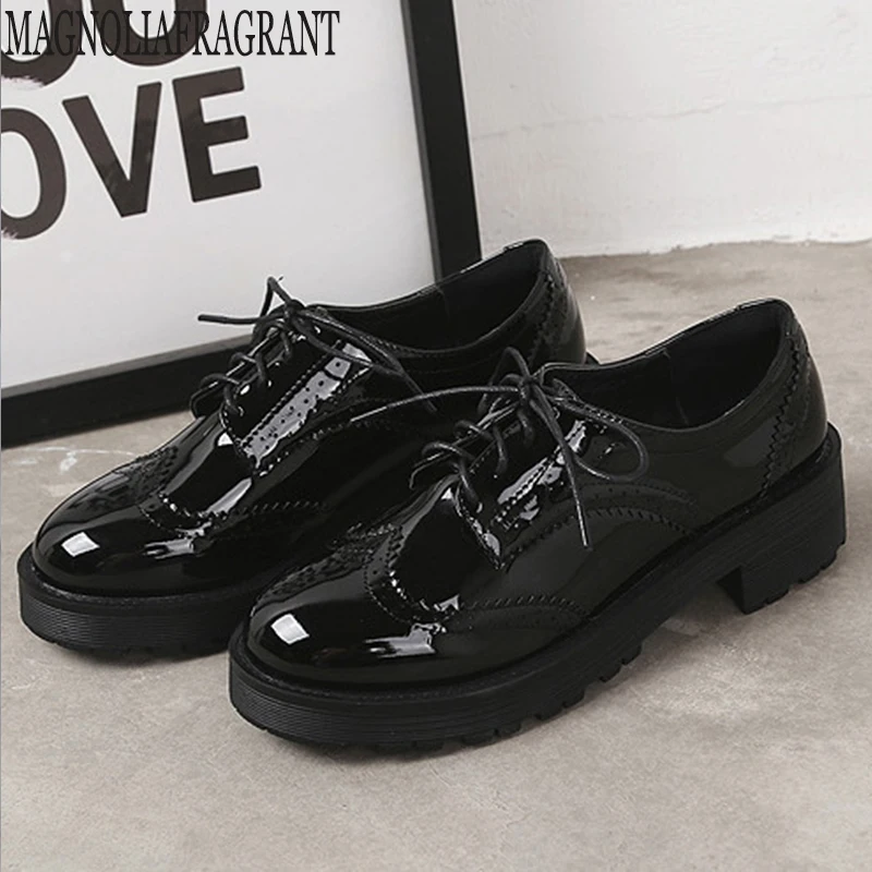 

Joker shoes female new Lace-up small shoes spring and autumn new patent leather Thick heel single shoes woman Bullock shoes y61