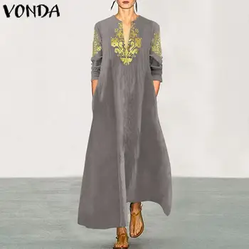 

VONDA Plus Size Party Dress Womens Cotton Vintage Printed Robe Femme Casual Loose Sundress Autumn Sexy V neck Beach Vestidos