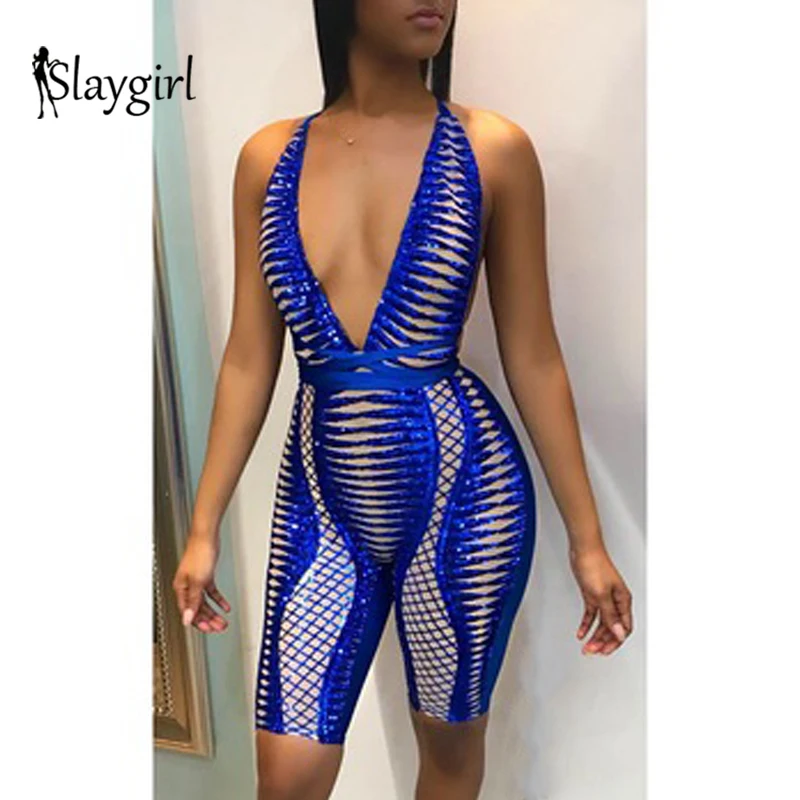Slaygirl, сексуальный Облегающий комбинезон с блестками, открытая спина, глубокий v-образный вырез, боди, летний повседневный комбинезон, женские комбинезоны, мода, комбинезоны - Цвет: Синий